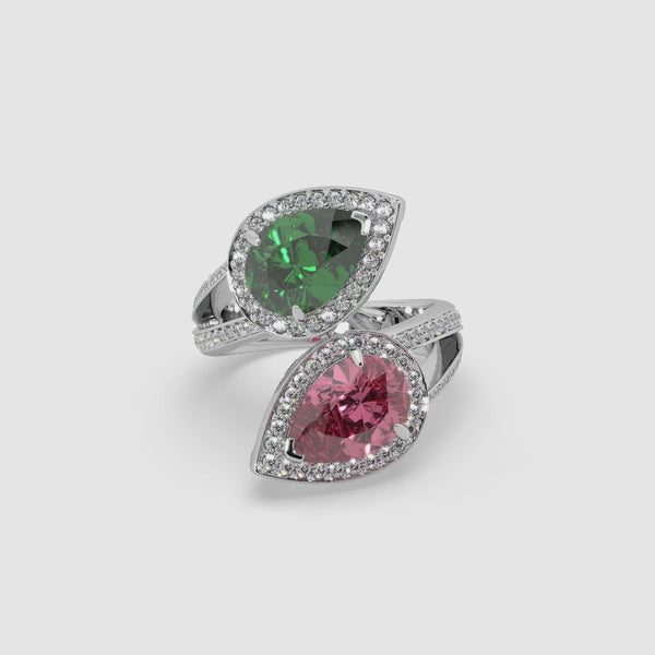 Emerald and Pink Pear Diamond Ring